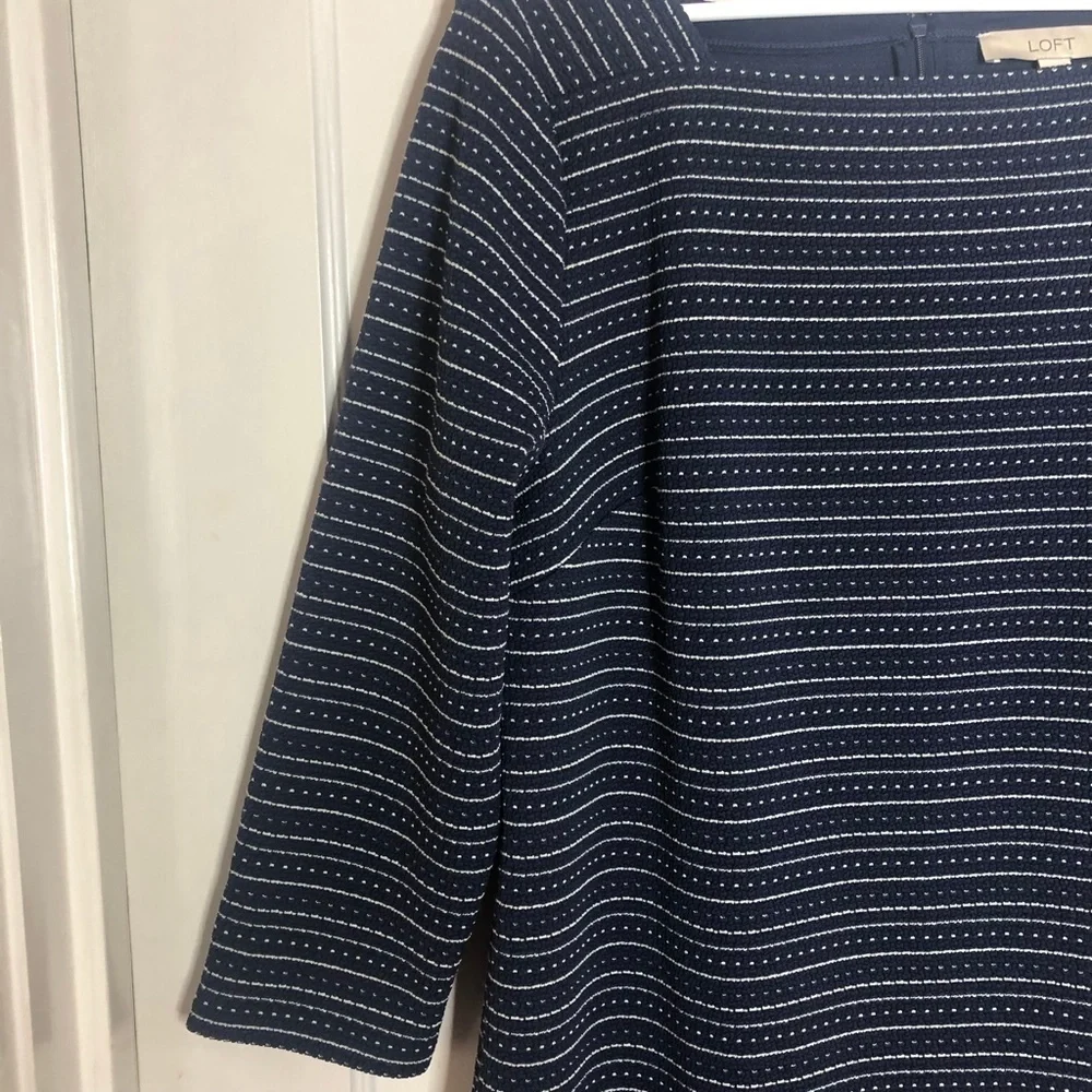 LOFT Blue/White Textured Stripe Square Neck Dress 3/4 Sleeve size Large …